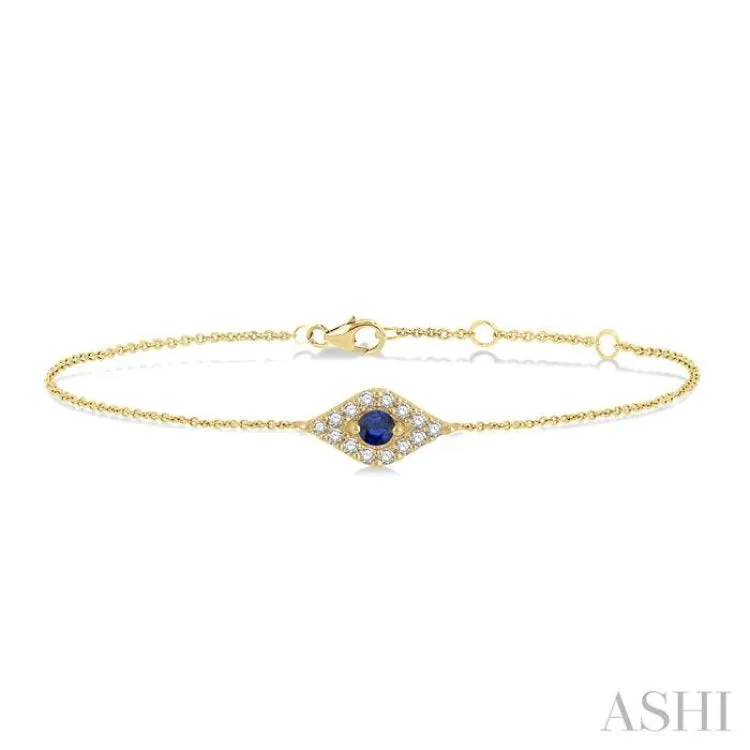 1/10 Ctw Evil Eye Round Cut Diamond & 2.60MM Round Cut Sapphire  Precious Petite Fashion Bracelet in 10K Yellow Gold