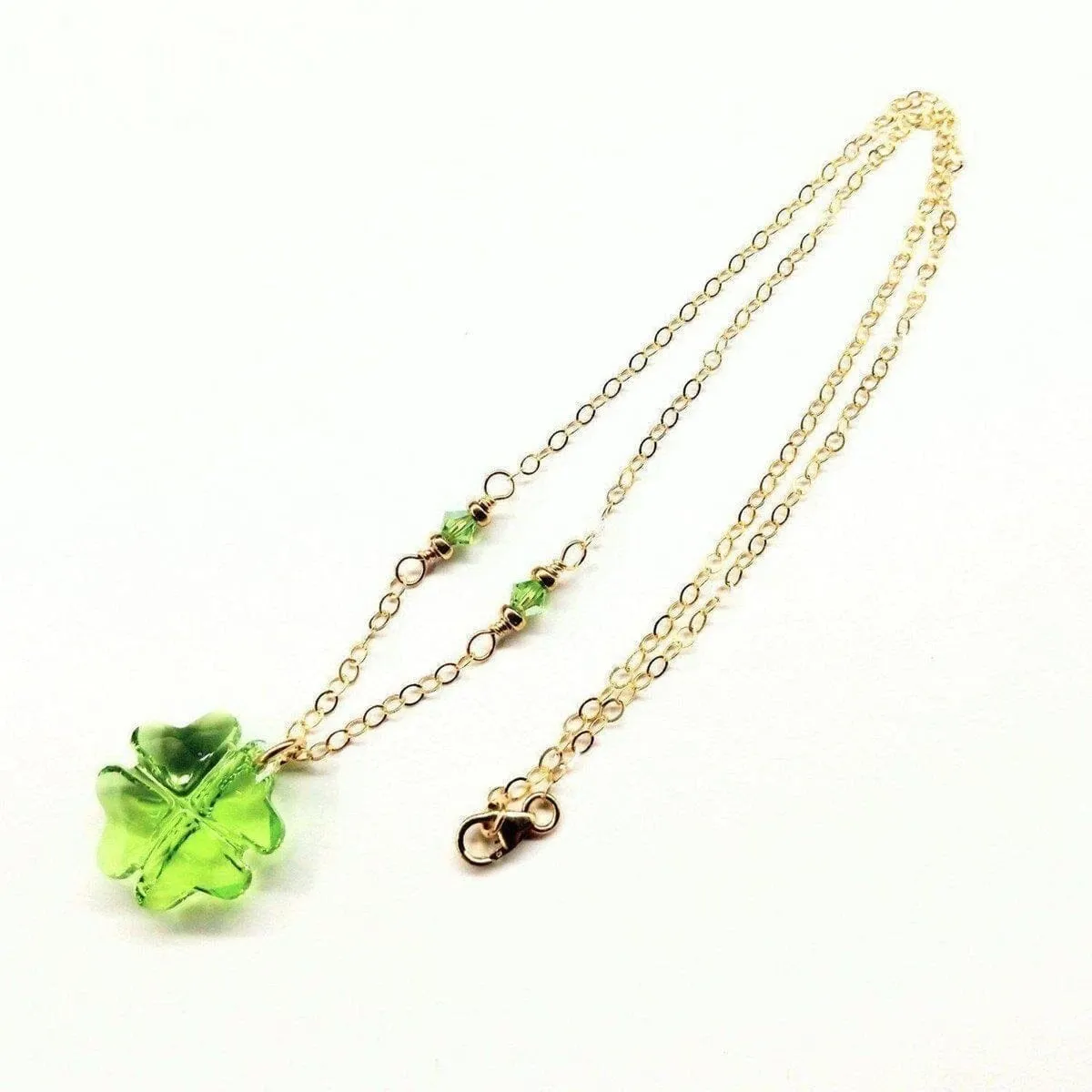 14 K Gold Filled Light Green Crystal Clover Necklace