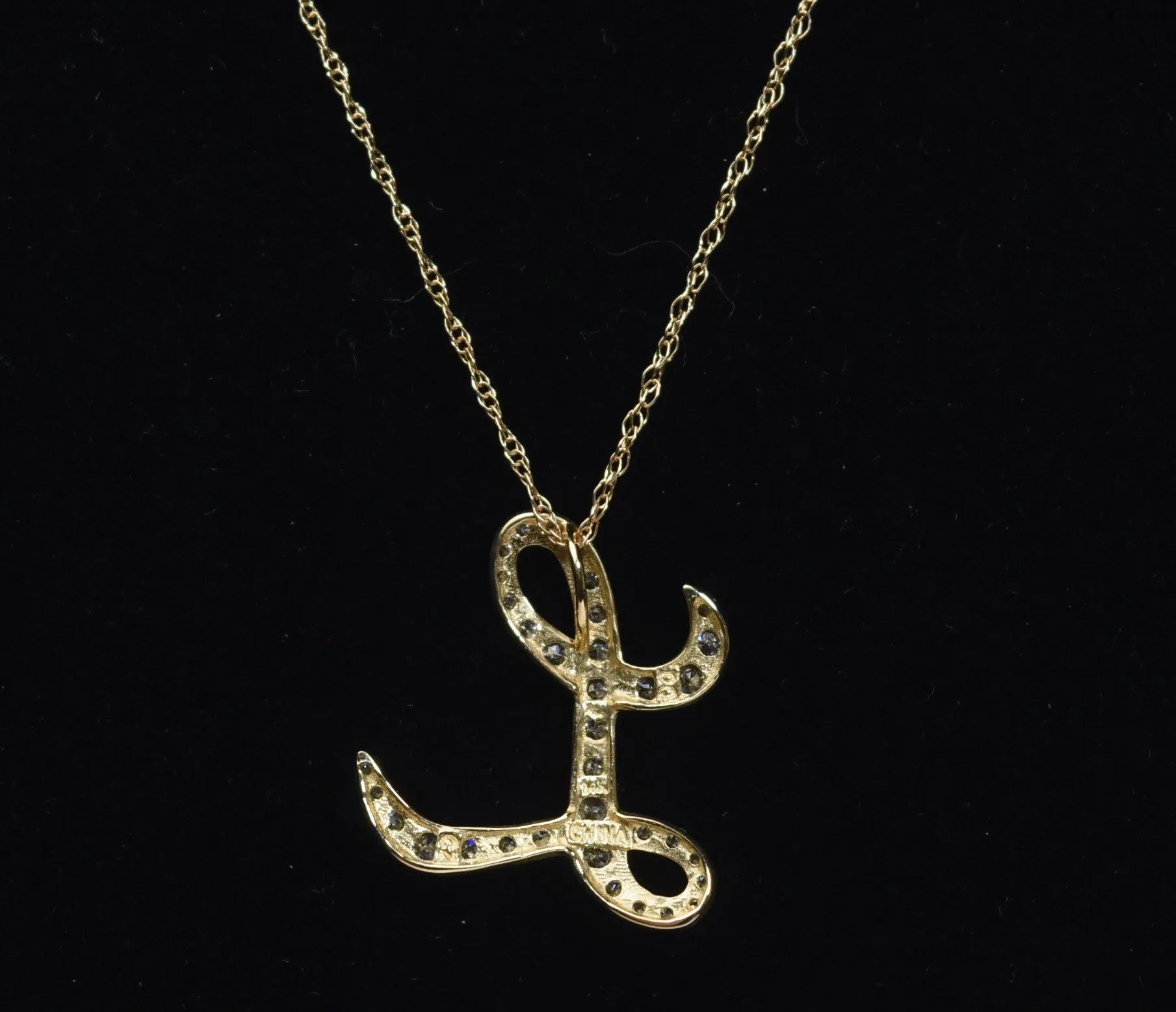 14k Gold Cubic Zirconia "L" Pendant on 14k Gold Chain Necklace