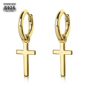 14K Gold/White Gold Sterling Silver Dangle Cross Hoop Mens Earrings KRKC