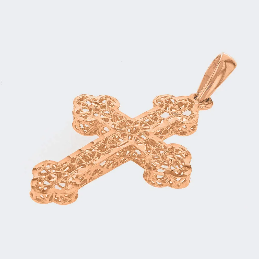 14k Rose Gold Textured Filigree Eastern Orthodox Cross Pendant