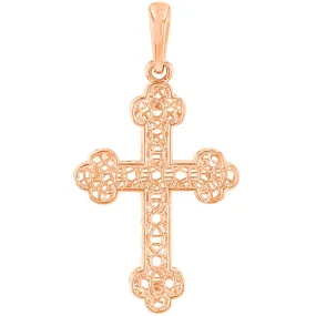 14k Rose Gold Textured Filigree Eastern Orthodox Cross Pendant