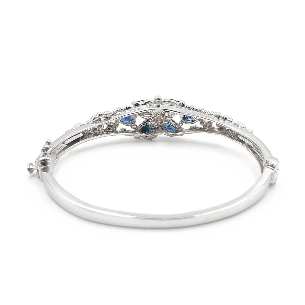 14K White Gold Sapphire and Diamond Hinged Bangle Bracelet