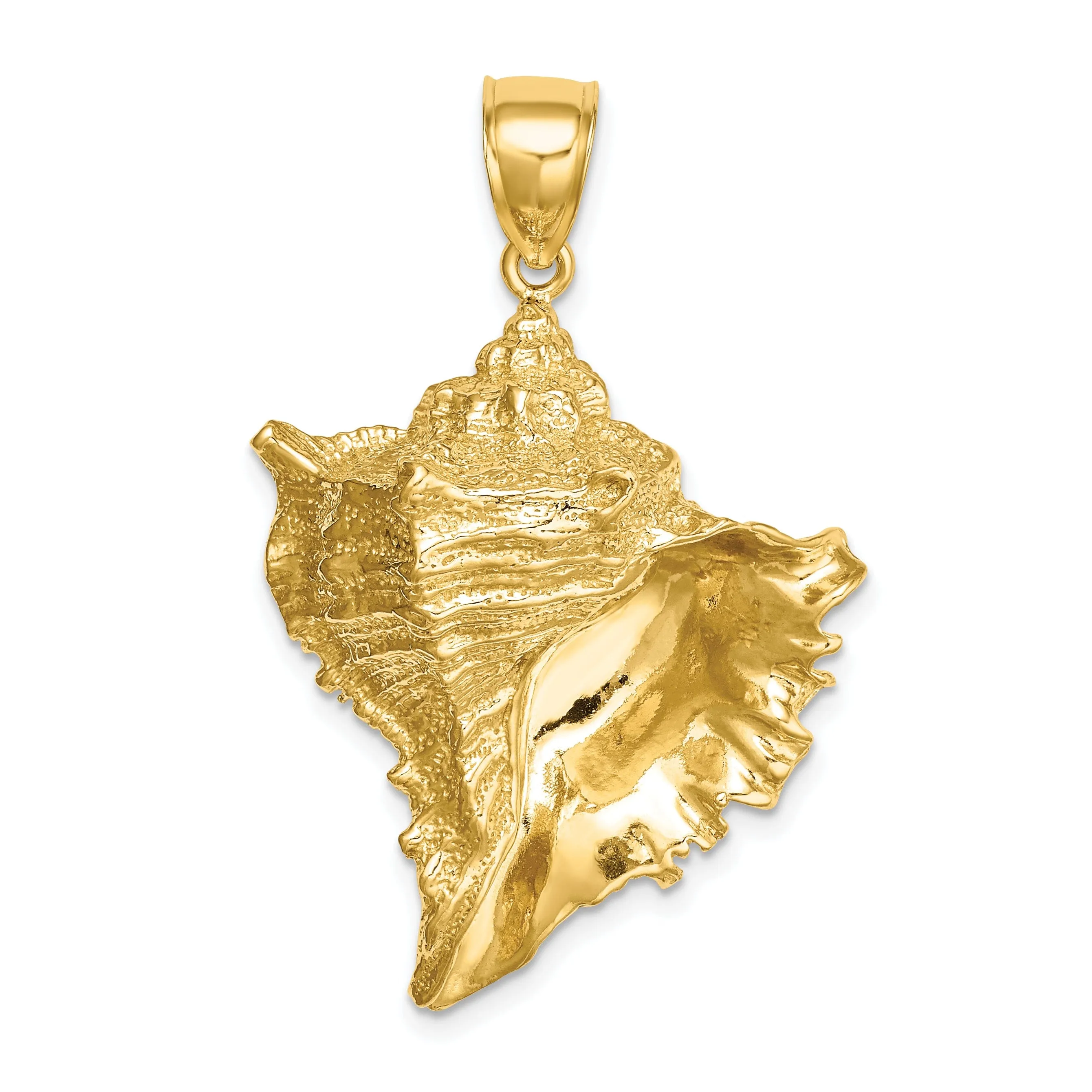 14K Yellow Gold Open Back Solid Polished Textured Finish 2-Dimensional Shell Charm Pendant