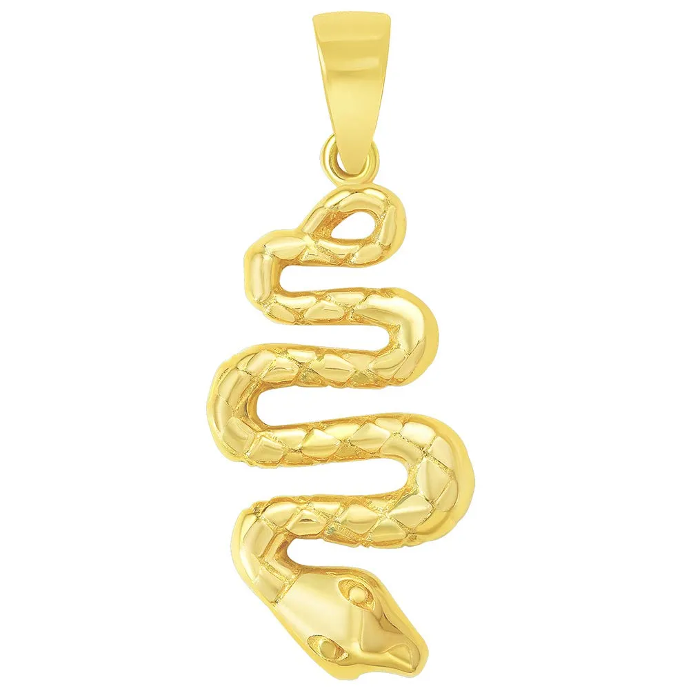 14k Yellow Gold Snake Slithering Down Pendant with Cuban Curb Chain Necklace