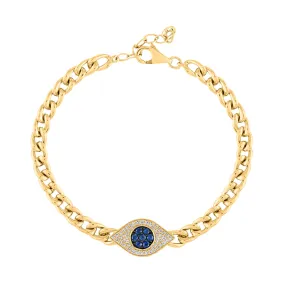 14KT GOLD DIAMOND AND BLUE SAPPHIRE EVIL EYE LINK BRACELET