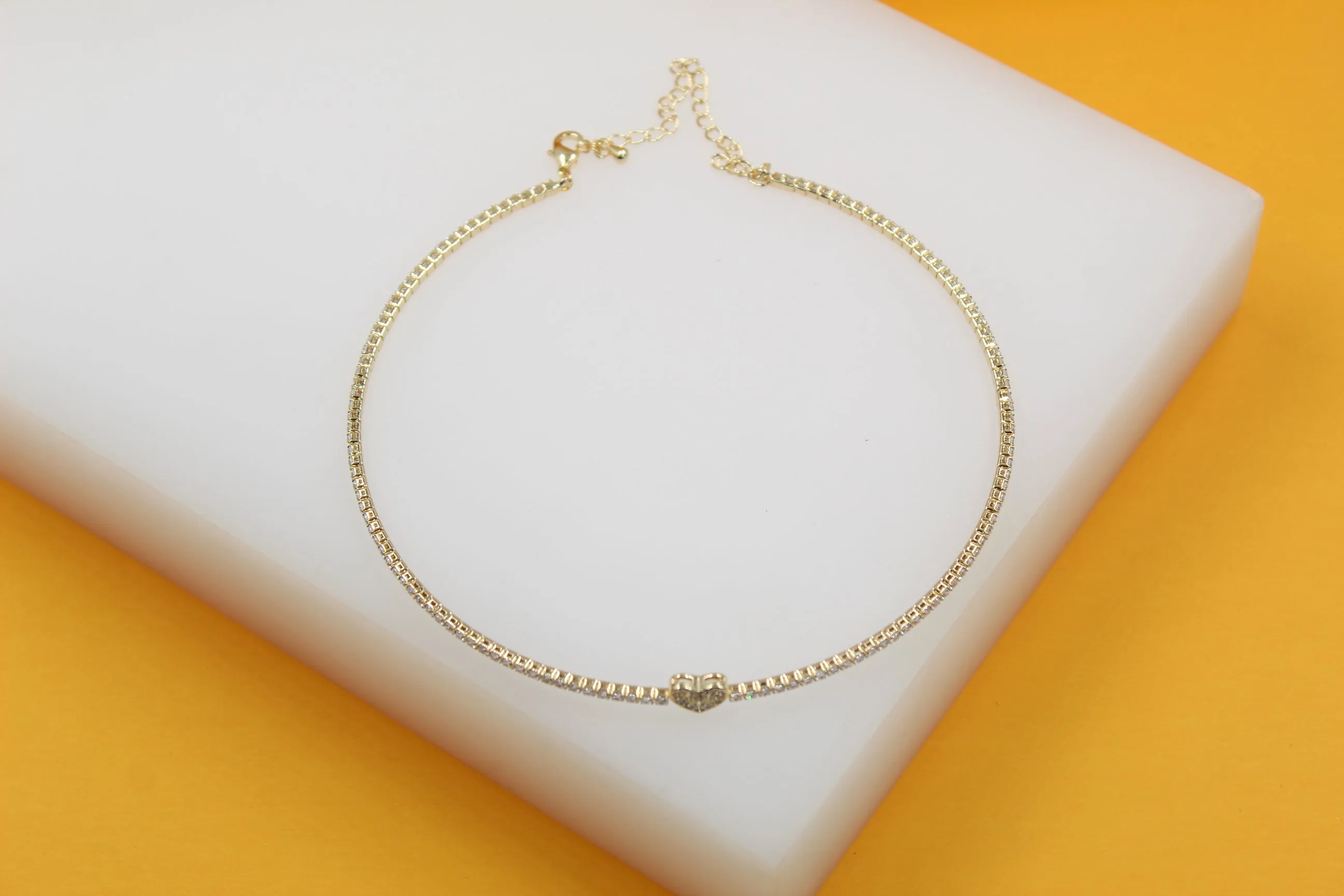 18K Gold Filled Neck Choker With Heart Zirconia Stones (H50)