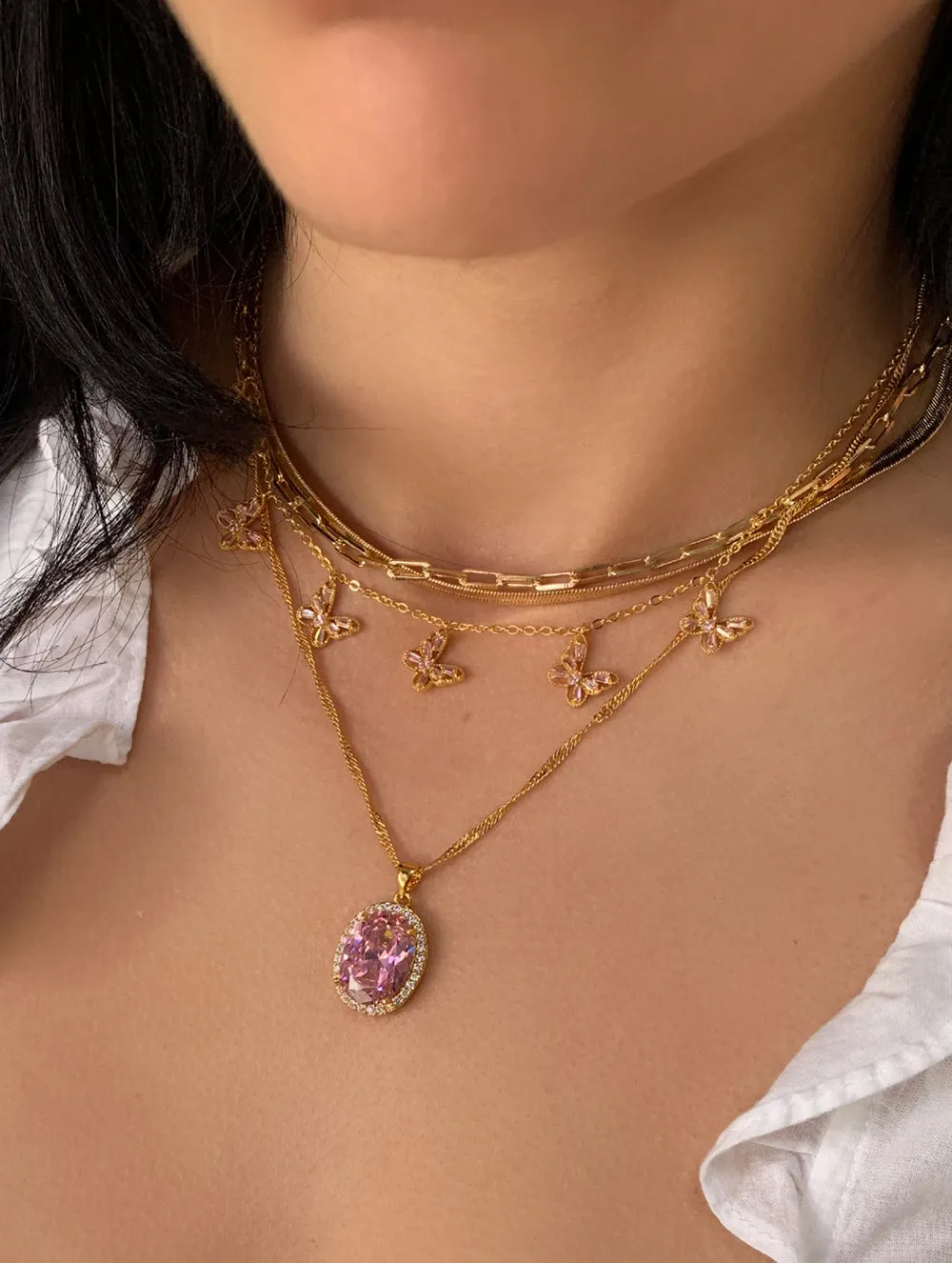 18K Gold Filled Pink Oval Gem Necklace