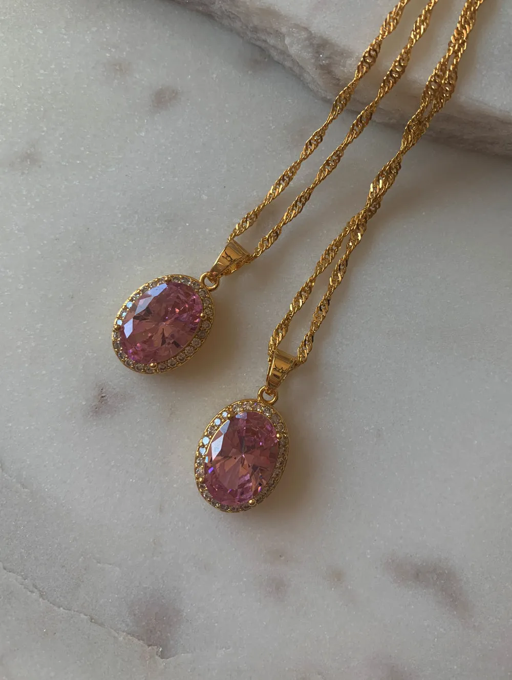 18K Gold Filled Pink Oval Gem Necklace