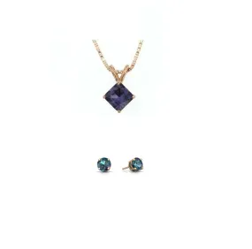 18K Rose Gold 2ct Alexandrite Square 18 Inch Necklace and Round Earrings Set Plated