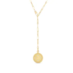 18K Venetian Princess Satin Medallion with Diamond Accent Coin Edge Detail on Link Chain