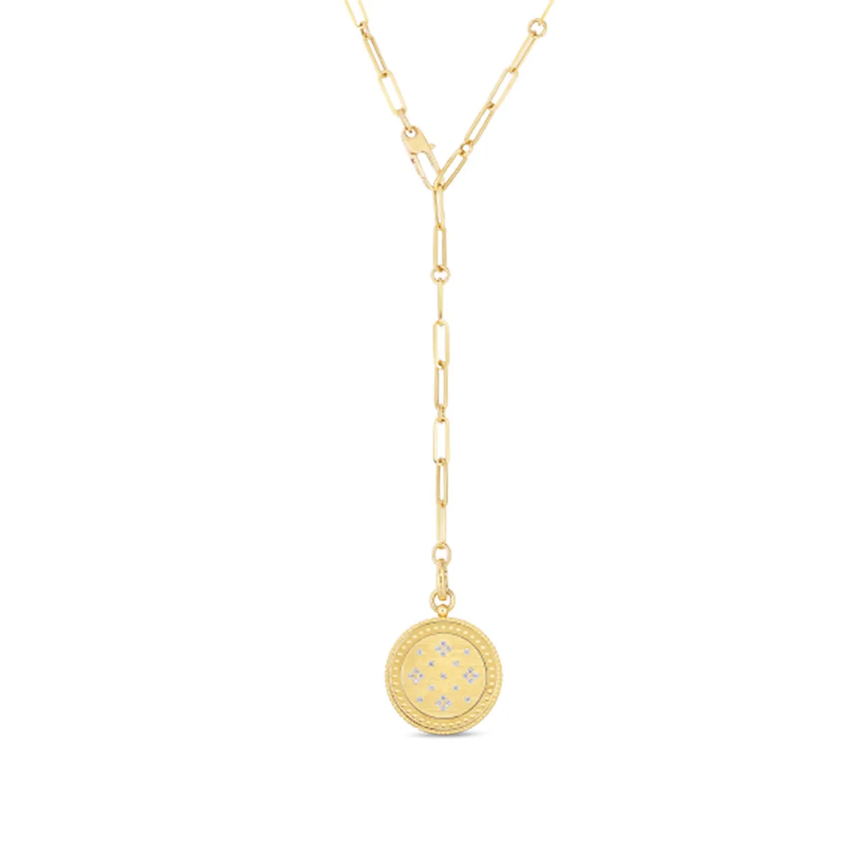 18K Venetian Princess Satin Medallion with Diamond Accent Coin Edge Detail on Link Chain