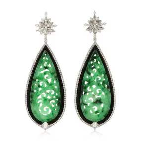 18k White Gold Flower Carving Jade Pear Diamond Drop Dangler Earrings Jewelry For Her