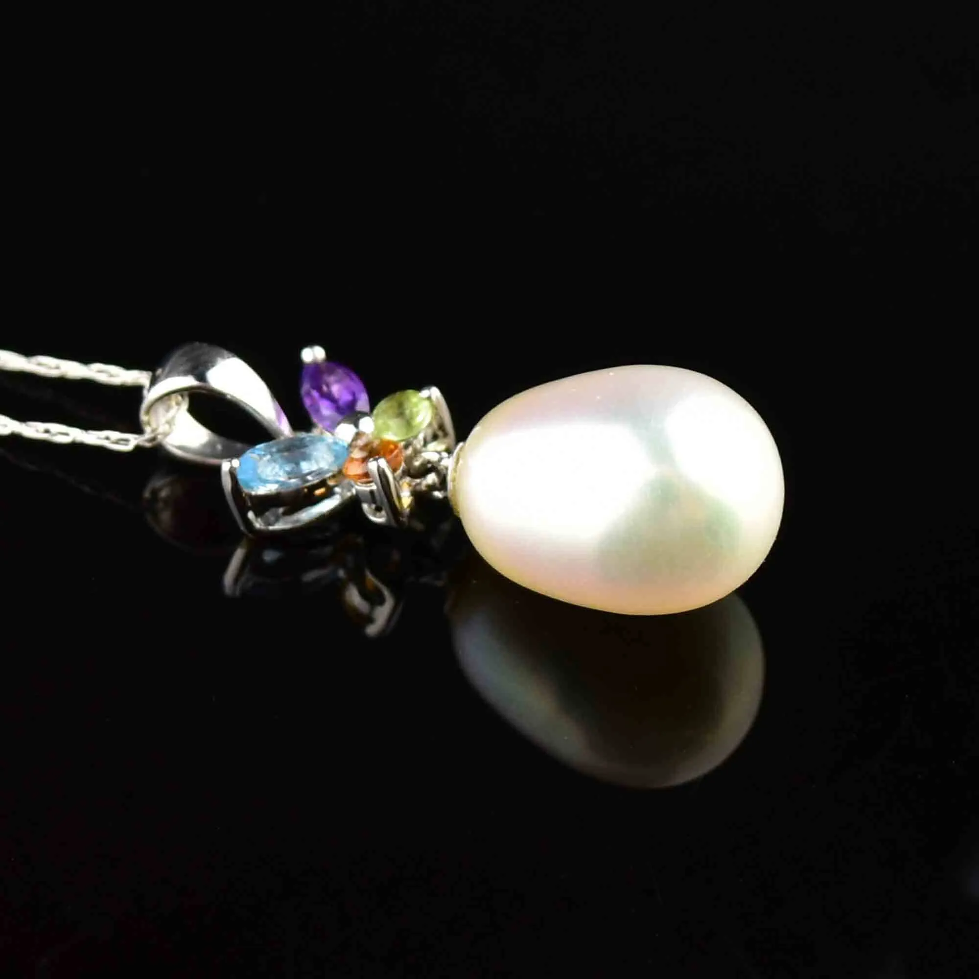 18K White Gold Pearl Multi Gemstone Butterfly Pendant