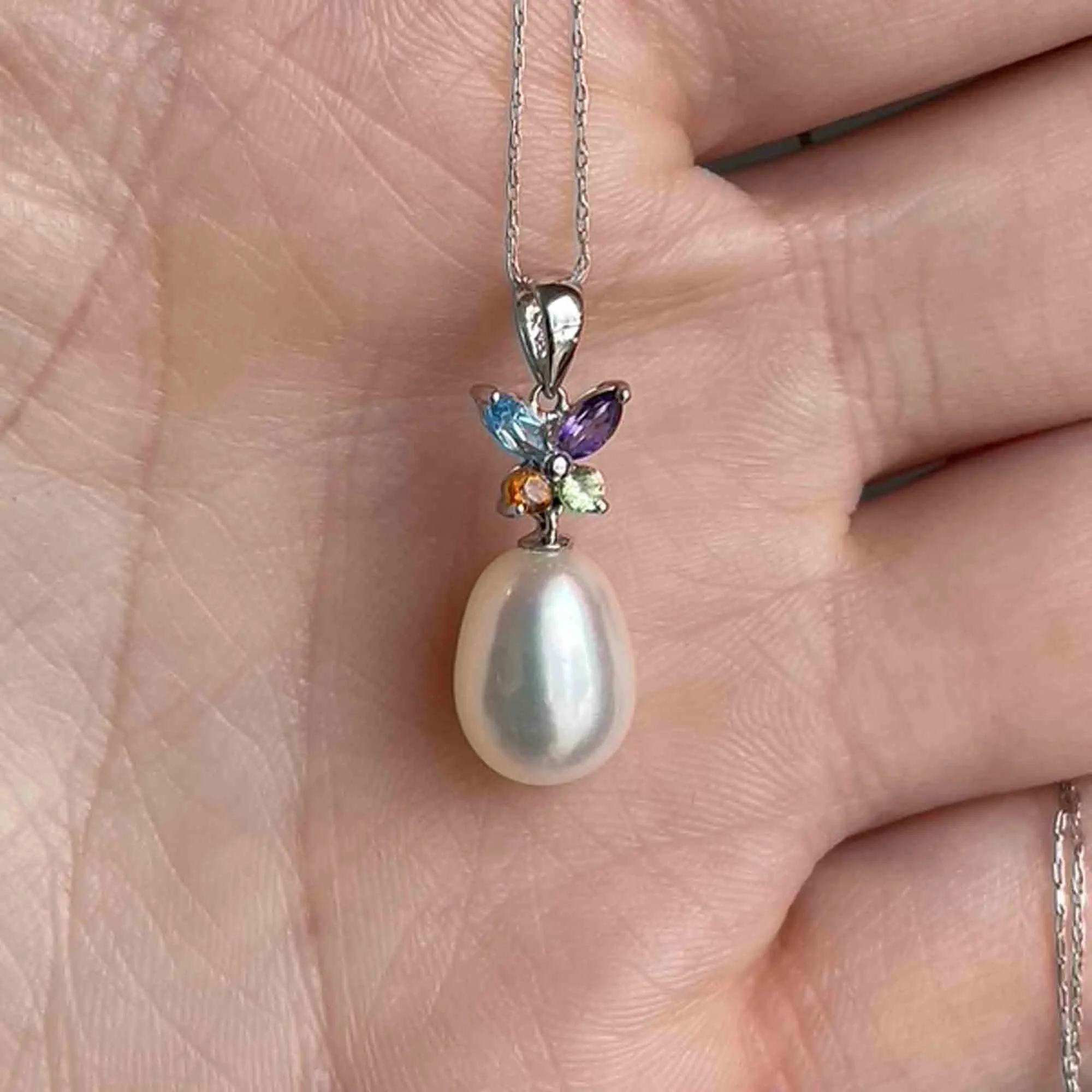 18K White Gold Pearl Multi Gemstone Butterfly Pendant