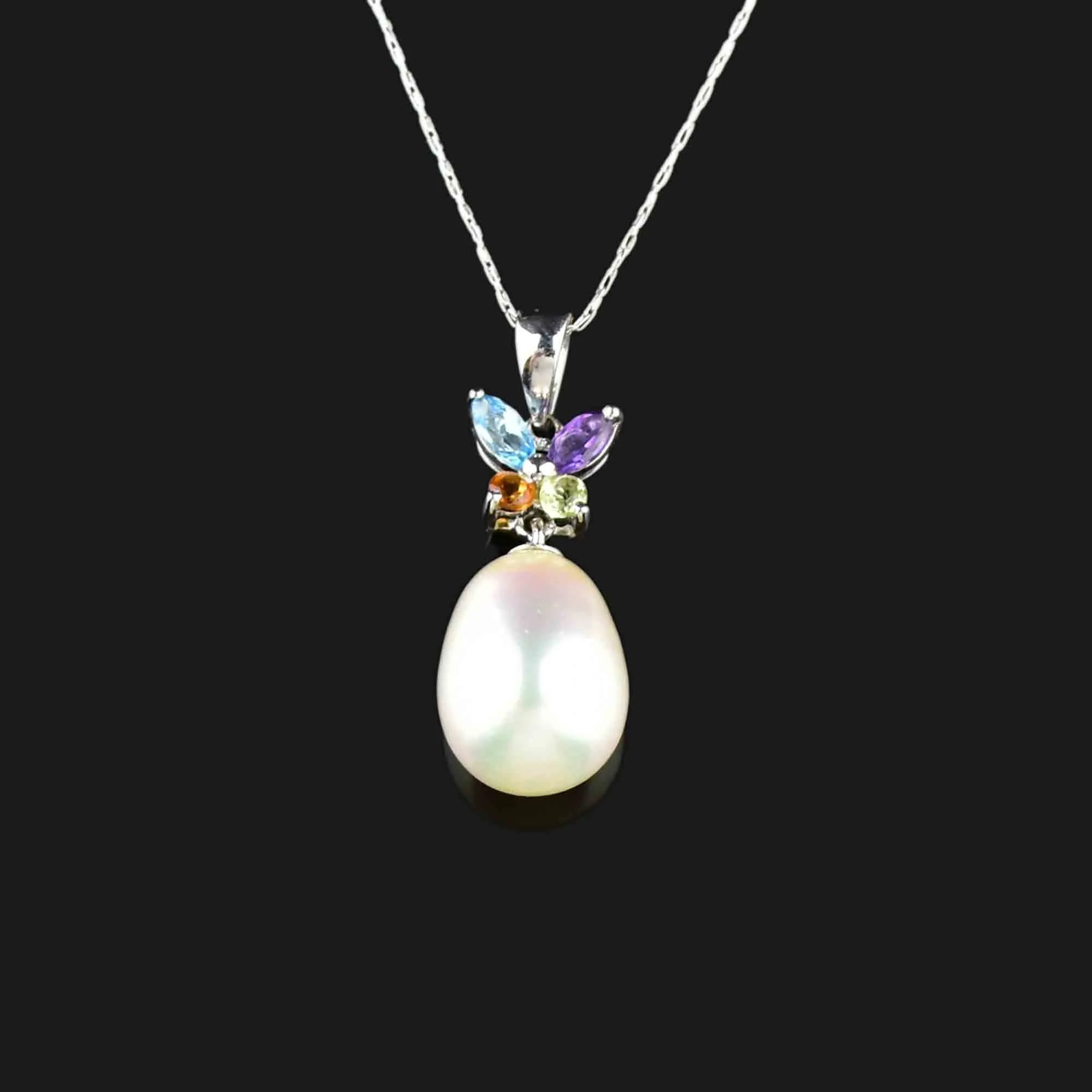 18K White Gold Pearl Multi Gemstone Butterfly Pendant