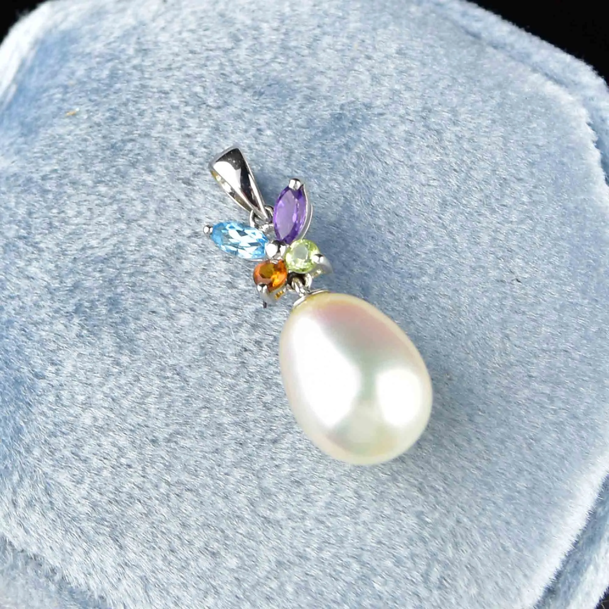 18K White Gold Pearl Multi Gemstone Butterfly Pendant