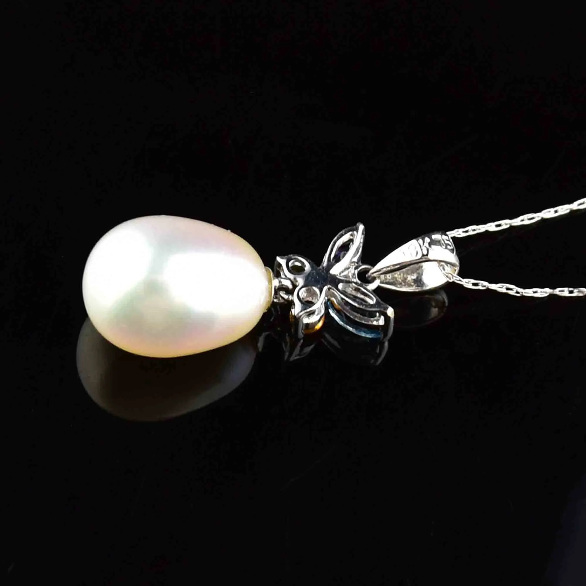 18K White Gold Pearl Multi Gemstone Butterfly Pendant