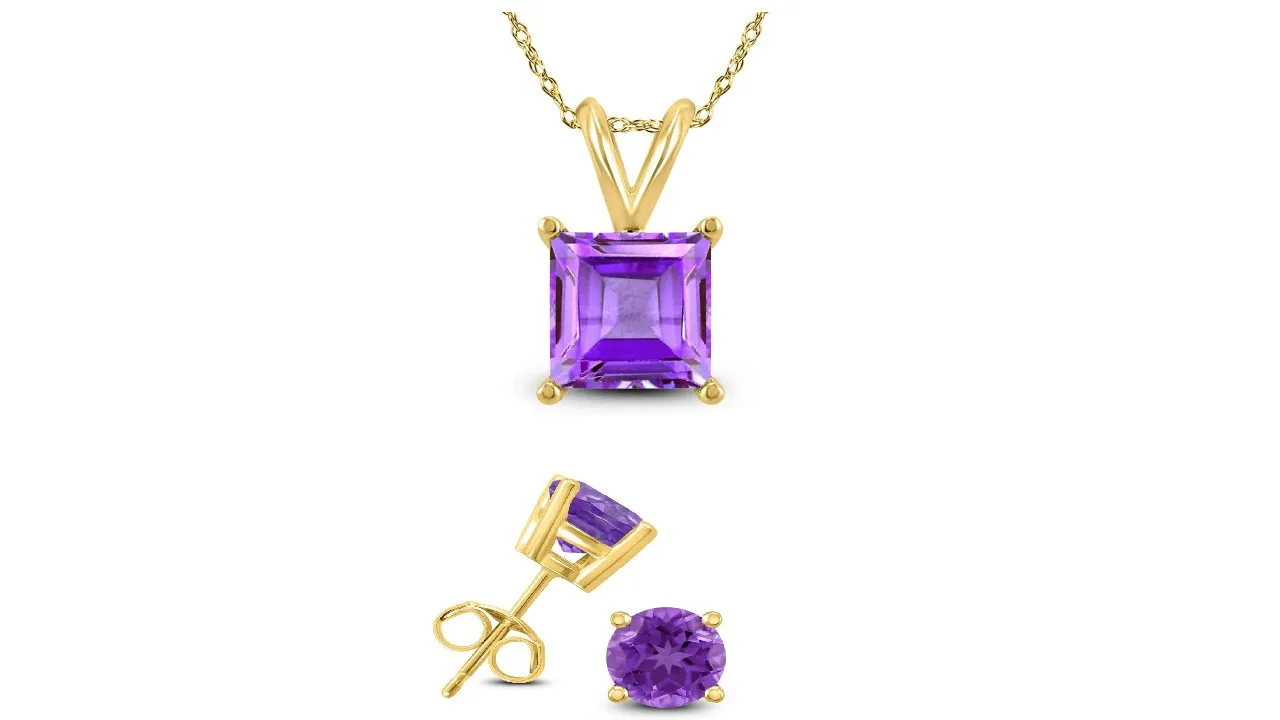 18K Yellow Gold 2ct Amethyst Square 18 Inch Necklace and Round Earrings Set Plated