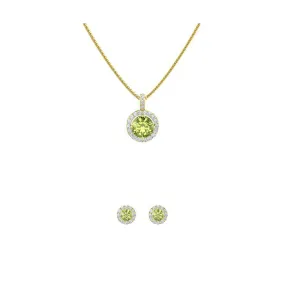 18K Yellow Gold 2ct Halo Peridot Round 18 Inch Necklace and Halo Earrings Set Plated