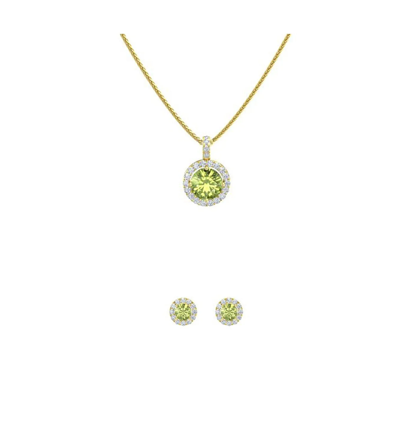 18K Yellow Gold 2ct Halo Peridot Round 18 Inch Necklace and Halo Earrings Set Plated