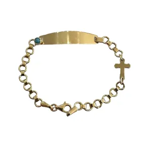 18KT Yellow Gold Kids Turquoise ID Bracelet   Cross