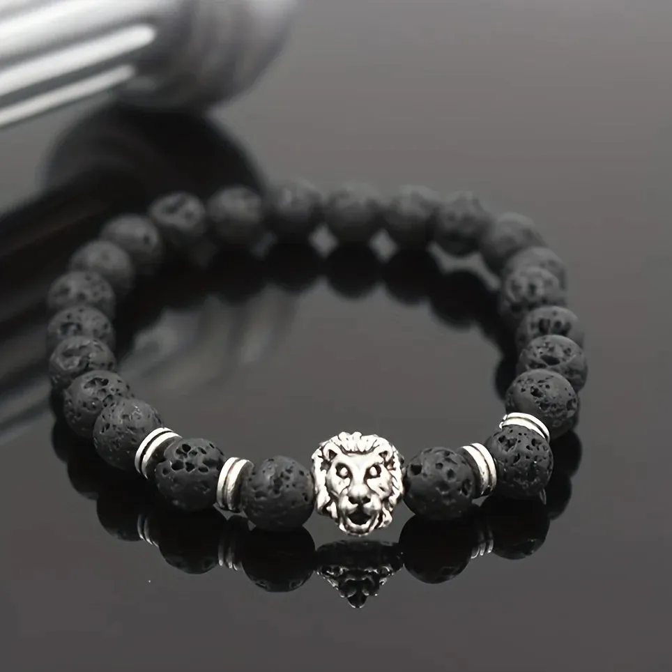 1pc Lava Volcanic Stone Bracelet With Fashionable Alloy Lion Head For Men