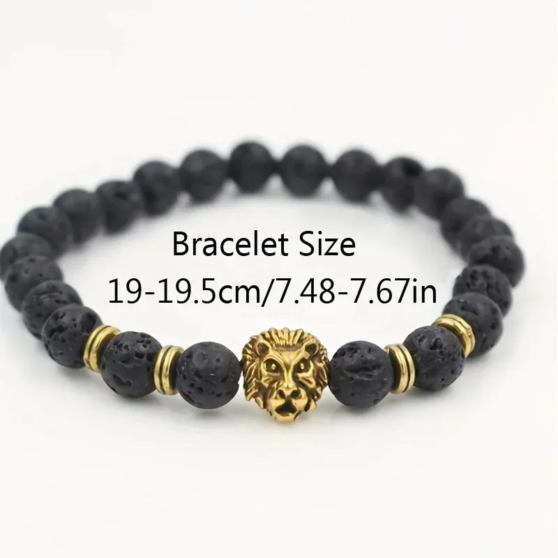 1pc Lava Volcanic Stone Bracelet With Fashionable Alloy Lion Head For Men