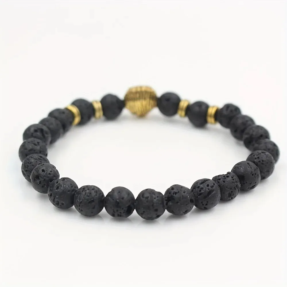 1pc Lava Volcanic Stone Bracelet With Fashionable Alloy Lion Head For Men