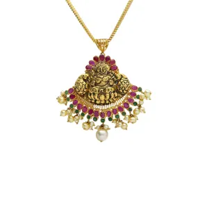 22K Yellow Antique Gold Laxmi Pendant W/ Emeralds, Rubies, Pearls & Fanned Design