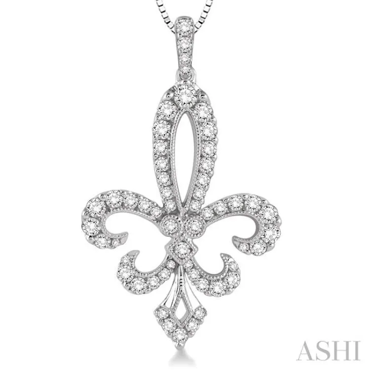 3/4 Ctw Round Cut Diamond Fleur De Lis Pendant in 14K White Gold with Chain