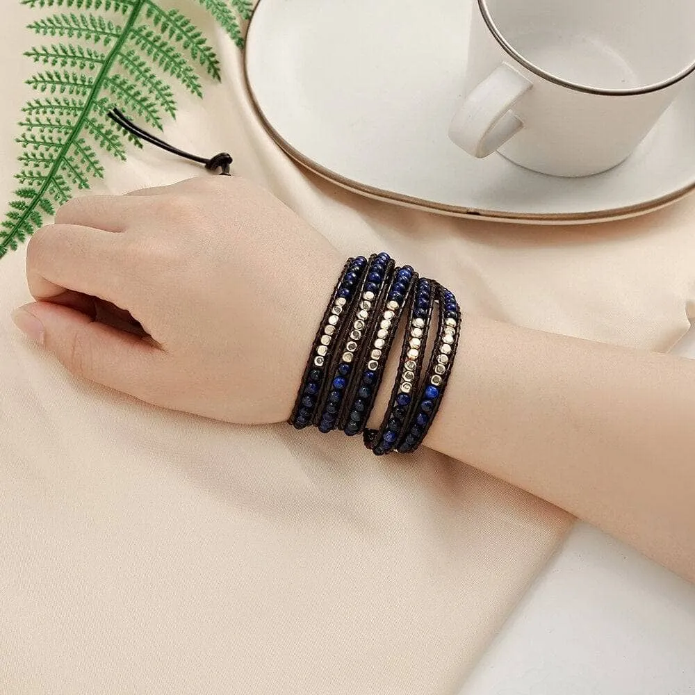 5 Wraps Boho Leather Natural Lapis Lazuli   Beads Stone