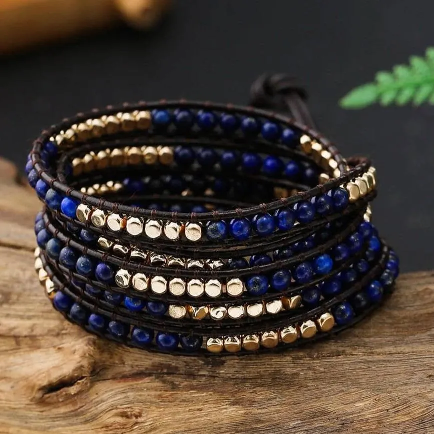 5 Wraps Boho Leather Natural Lapis Lazuli   Beads Stone