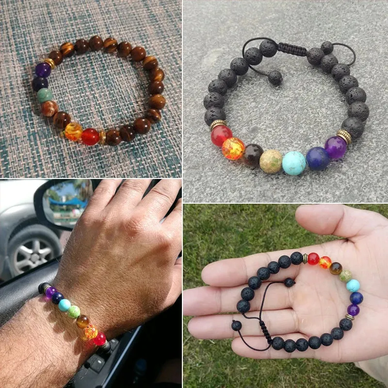 7 Chakra Bracelet Men Black Lava Tiger Eye Stones Healing Balance Beads Reiki Buddha Prayer Natural Stone Yoga Bracelets Bangles