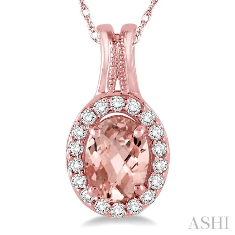 7x5 MM Oval Shape Morganite and 1/6 Ctw Round Cut Diamond Pendant in 14K Rose Gold with Chain