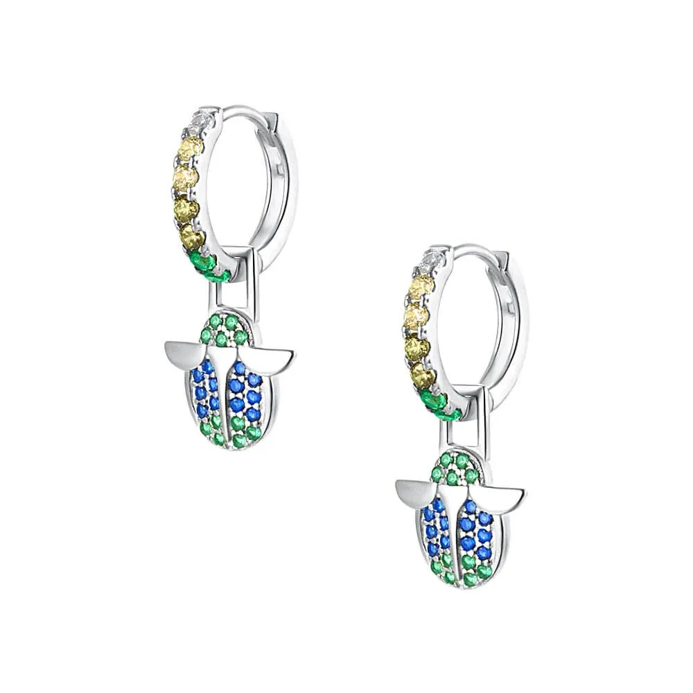 925 Silver Blue Green Ladybug Sparkle Drop Huggie Earrings CZ Diamond