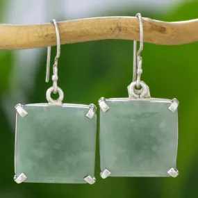 Abstract Square Minimalist Silver and Apple Green Jade Artisan Earrings