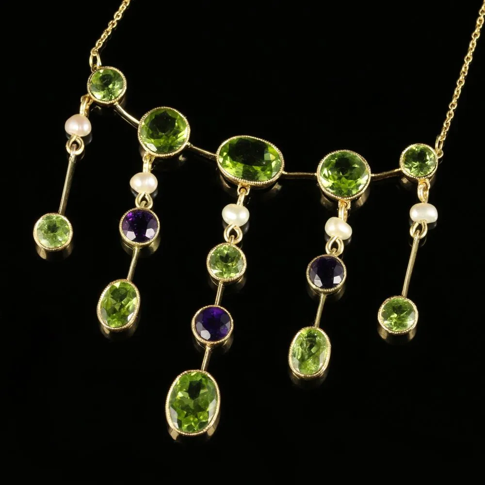 Antique Edwardian Suffragette Necklace Peridot Amethyst Pearl Circa 1910