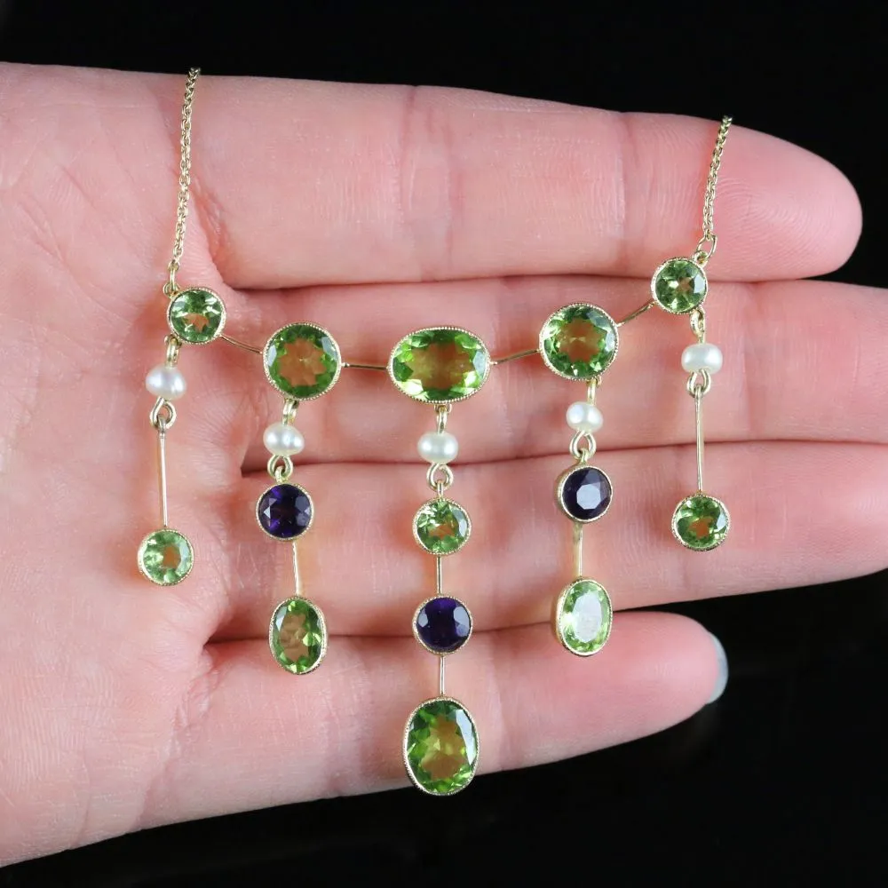 Antique Edwardian Suffragette Necklace Peridot Amethyst Pearl Circa 1910