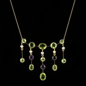 Antique Edwardian Suffragette Necklace Peridot Amethyst Pearl Circa 1910