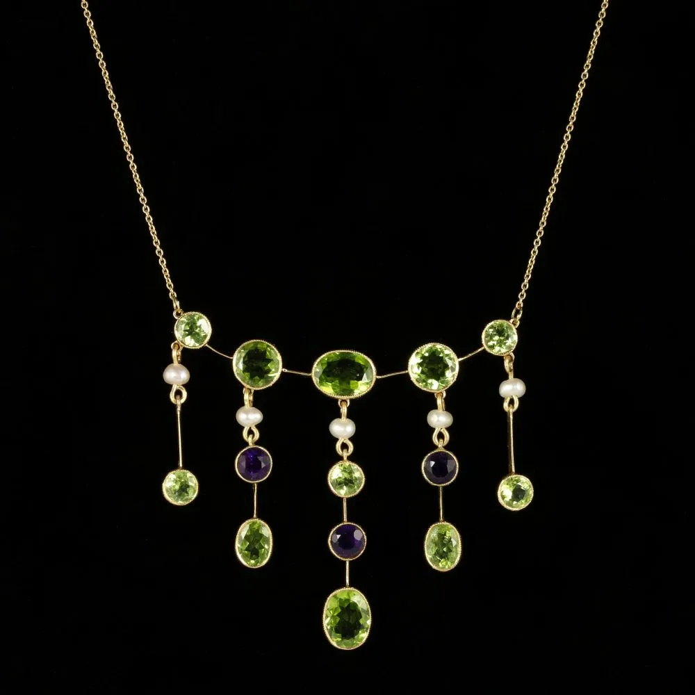 Antique Edwardian Suffragette Necklace Peridot Amethyst Pearl Circa 1910