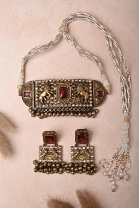 Antique Golden Metal Choker Necklace Set with Monalisa and AD Stone Work