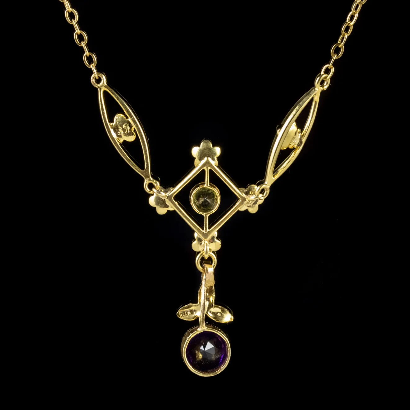 Antique Suffragette Pendant Necklace Floral 9Ct Gold Edwardian Circa 1905