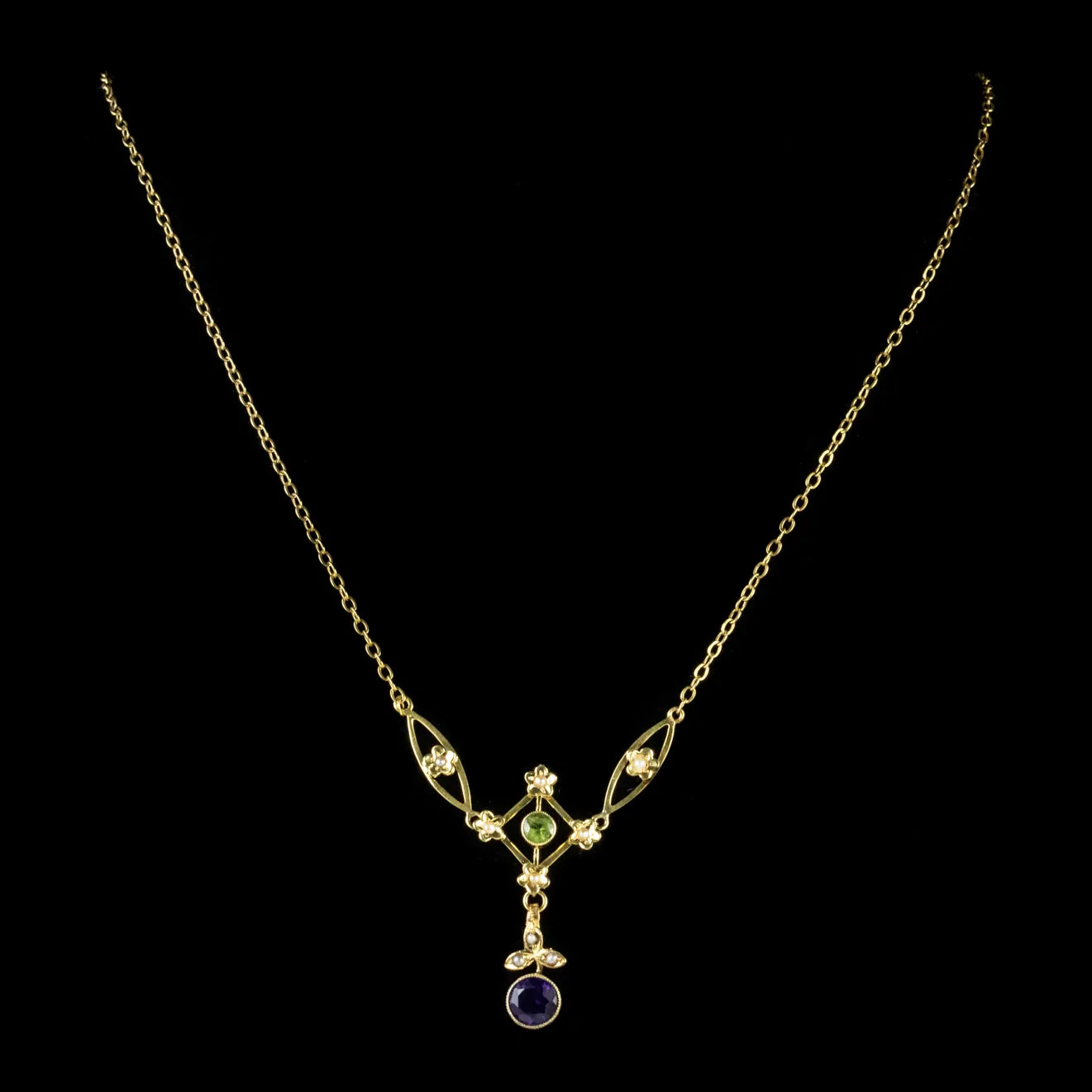 Antique Suffragette Pendant Necklace Floral 9Ct Gold Edwardian Circa 1905