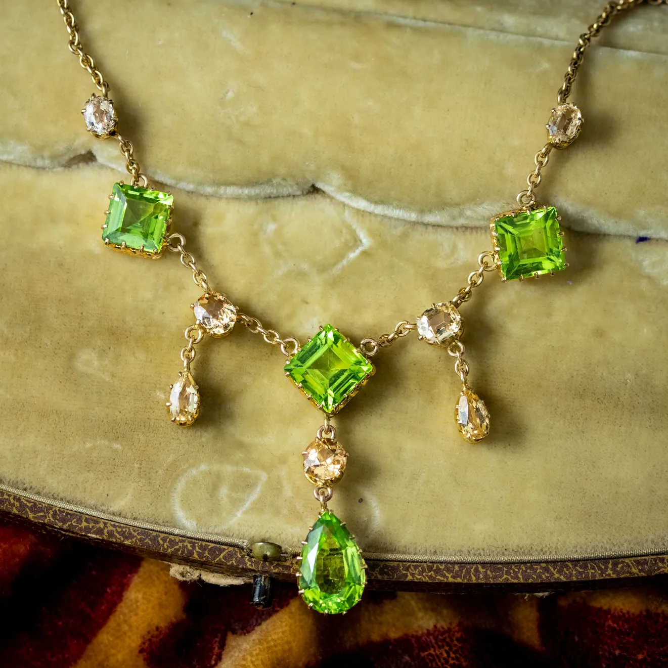 Antique Victorian Peridot Yellow Topaz Lavaliere Necklace 15ct Gold With Box