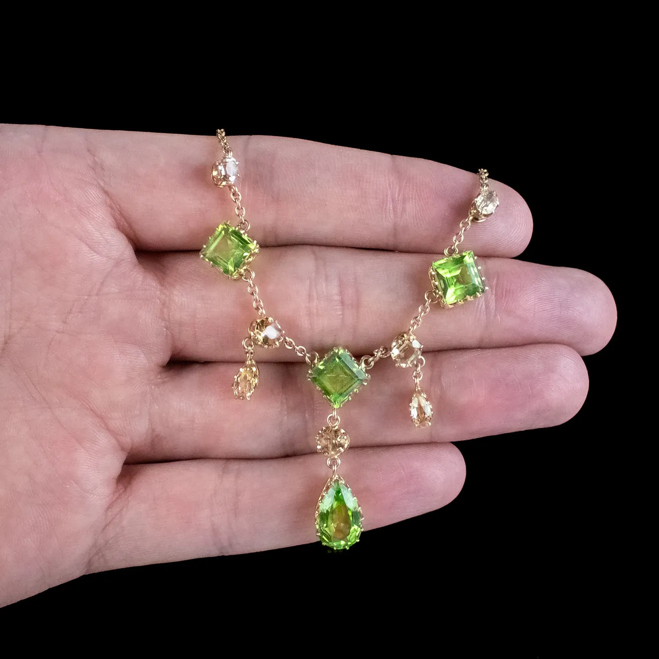 Antique Victorian Peridot Yellow Topaz Lavaliere Necklace 15ct Gold With Box