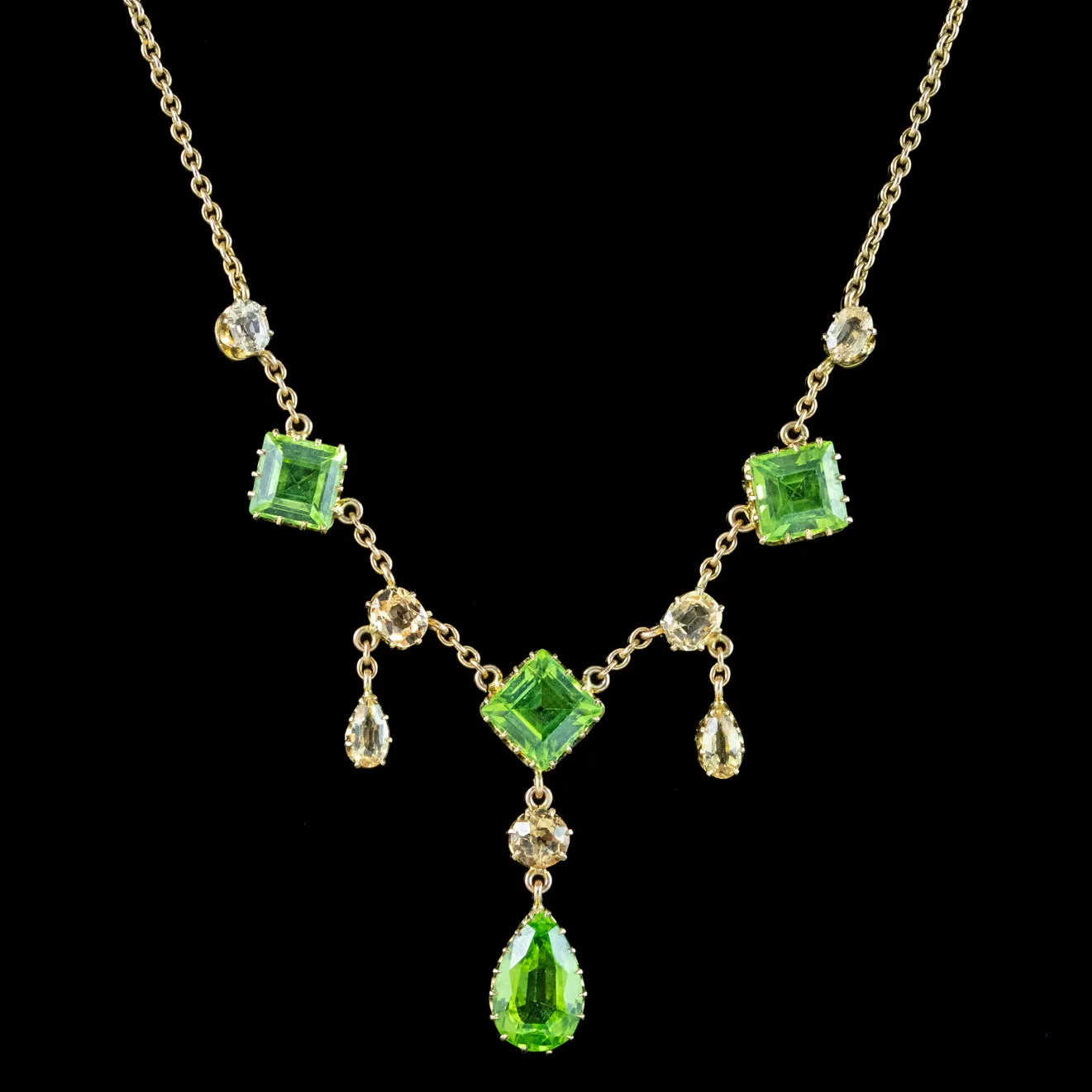 Antique Victorian Peridot Yellow Topaz Lavaliere Necklace 15ct Gold With Box