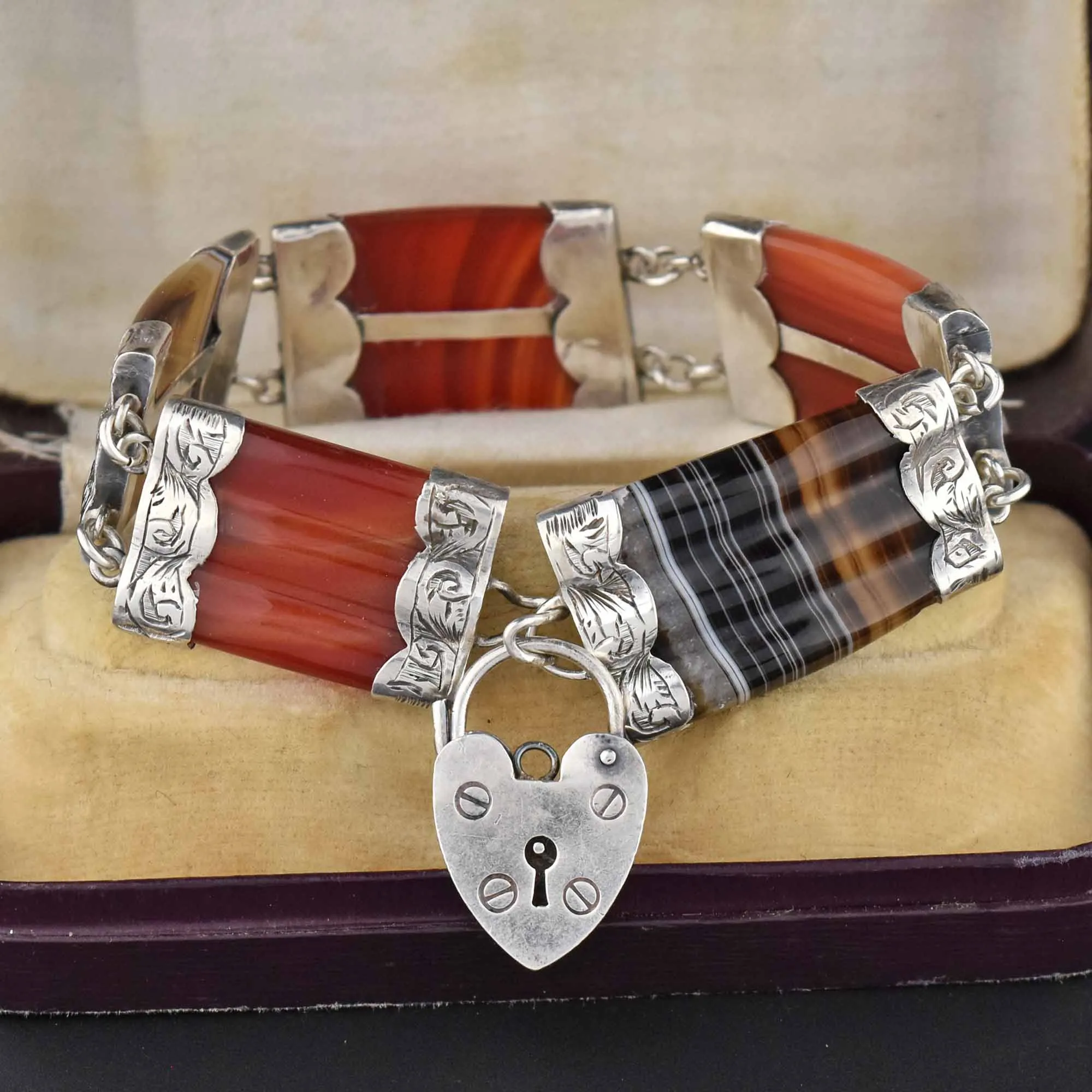 Antique Victorian Scottish Banded Agate Bracelet, Heart Padlock