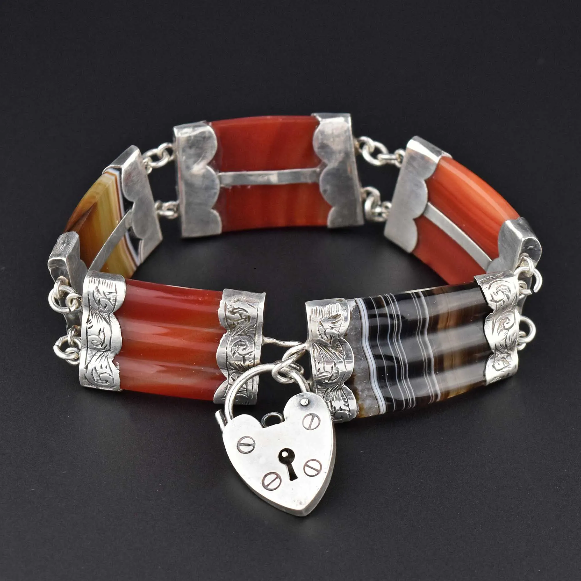 Antique Victorian Scottish Banded Agate Bracelet, Heart Padlock