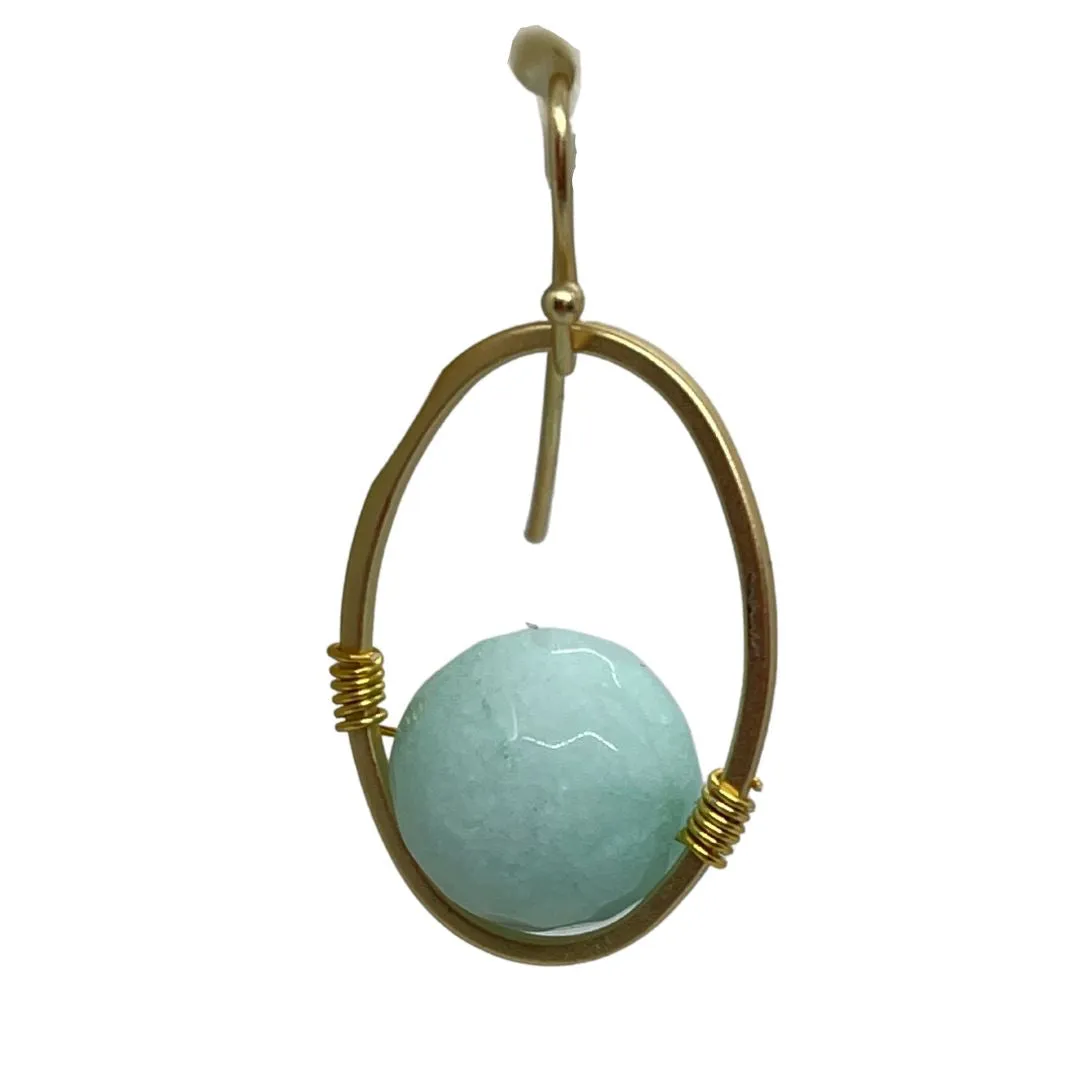 Aqua Jade And Matte Gold Wire Wrap Oval Earrings